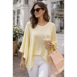 La Miel Waffle Knit Poncho Top Medium Soft Yellow Oversized Boho Cozy